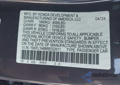 2024 Honda Civic Sport Touring from USA, damaged, VIN 19XFL1H88RE022611